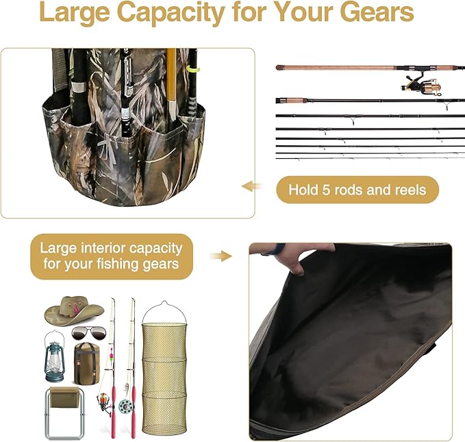 DONQL Fishing Rod Bags - Multifunction Outdoor Camping Portable Canvas Backpack Case for 5 Poles & Tackles (Camouflage)