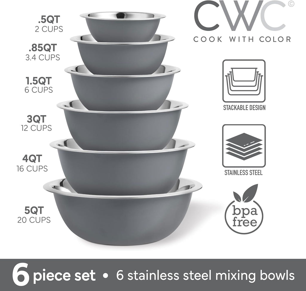 COOK WITH COLOR Stainless Steel Mixing Bowls Set - Nesting Bowls, 6 Pieces, Grey