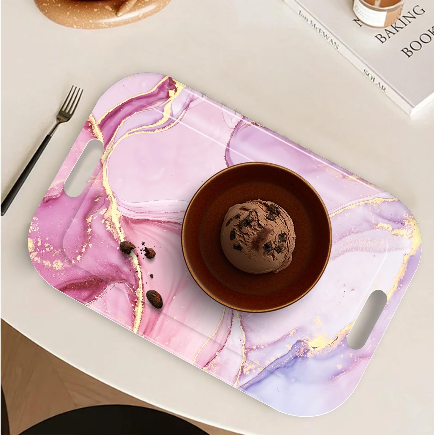 Serving Trays with Handles, 14.5 x 9.8 inch Rectangular Plastic Tray for Restaurant, Kitchen, Painting of Pink and Gold Marble