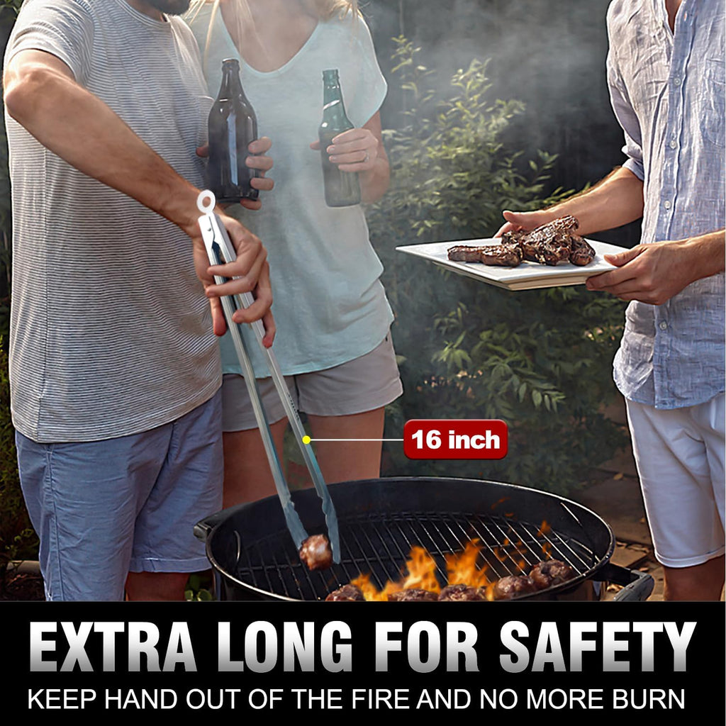 Tong for cooking, Walfos kitchen tongs set of 2 - Heat Resistant 600℉, Heavy Duty Locking Metal cooking Tongs, Stainless Steel BBQ Grilling,(All Metal 12in+16in)
