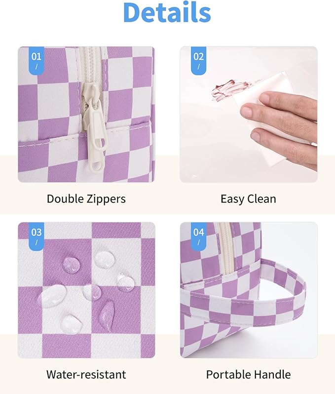 Narwey Checkered Clear Makeup Bag Cosmetic Bag with Zipper for Travel, Clear Toiletry Bags for Traveling Toiletries Women Men, Make Up Pouch with Handle, Skincare Bag (Purple Checkerboard)