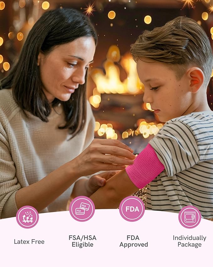 FriCARE Self Adhesive Bandage Wrap, Medical Tape in First Aid Kit, Cohesive Bandages for Wounds Sport Vet, FSA/HSA Eligible, 2 Inches X 5 Yards 6 Rolls, Pink