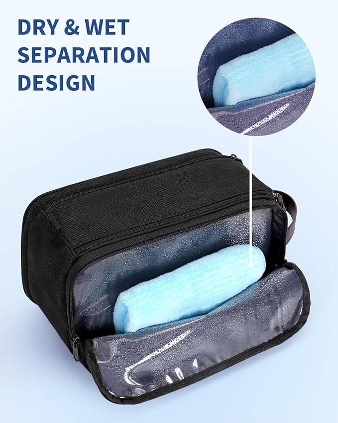 WANDF Toiletry Bag for Men Travel Toiletry Organizer Canvas and Leather Dopp Kit Water-Resistant Shaving Bag for Travel Accessories (Black, Patent Pending)