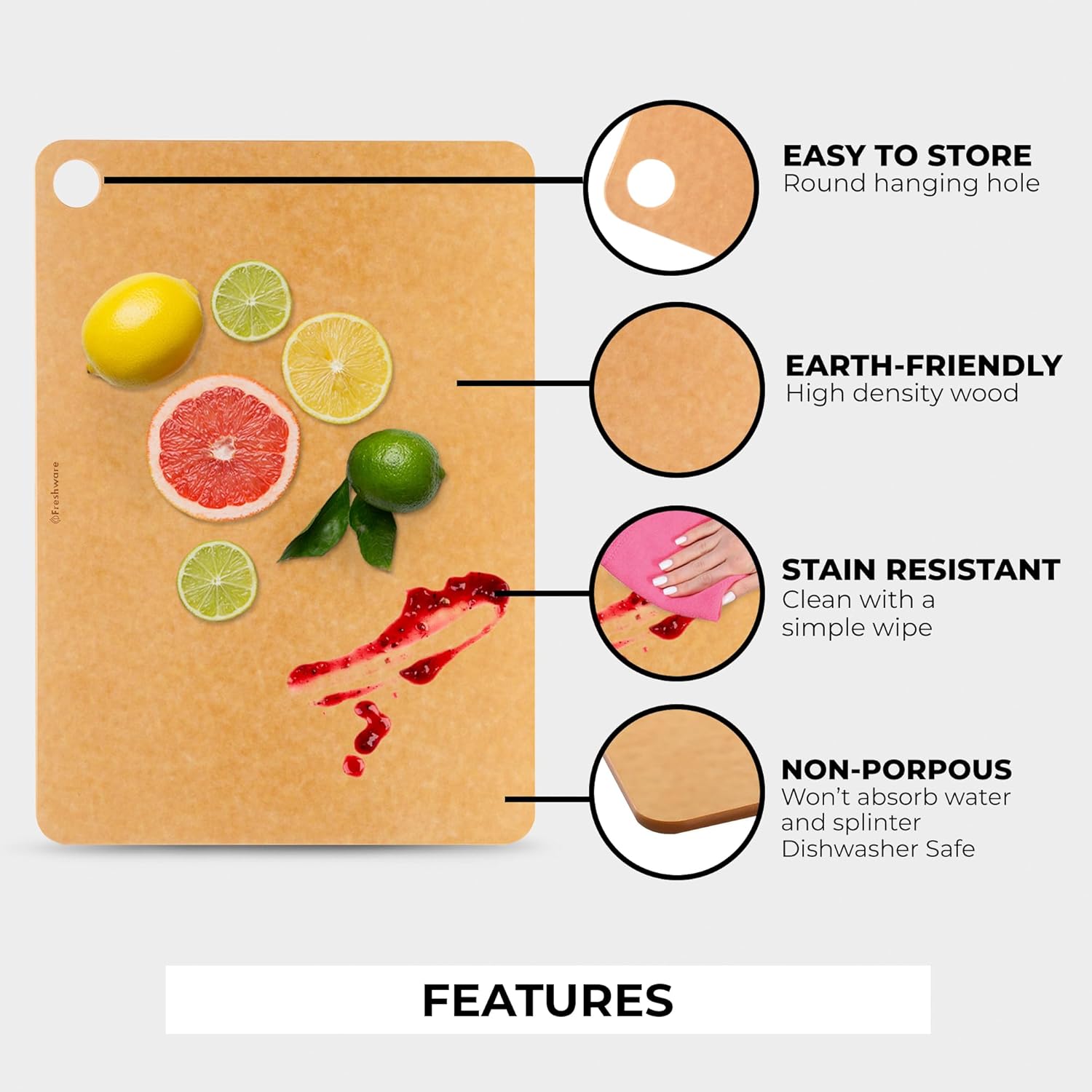 Freshware Wood Cutting Board for Kitchen, Dishwasher Safe, Large, 15" x 11.25", Natural