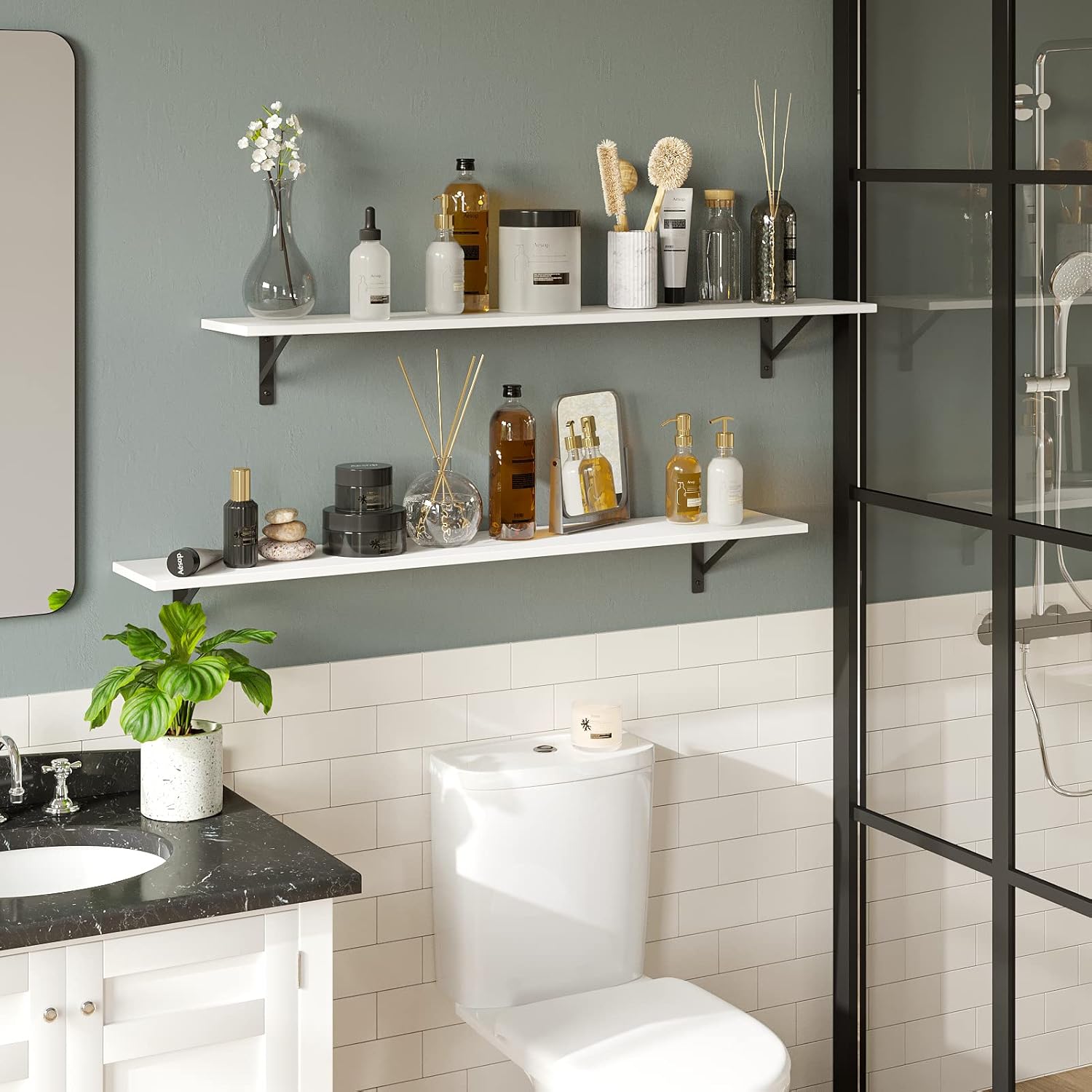 DINZI LVJ Long Wall Shelves, 47.3Inch Wall Mounted Shelves Set of 2, Extra Large Wall Storage Ledges with Sturdy Metal Brackets for Living Room, Bathroom, Bedroom, Kitchen, White