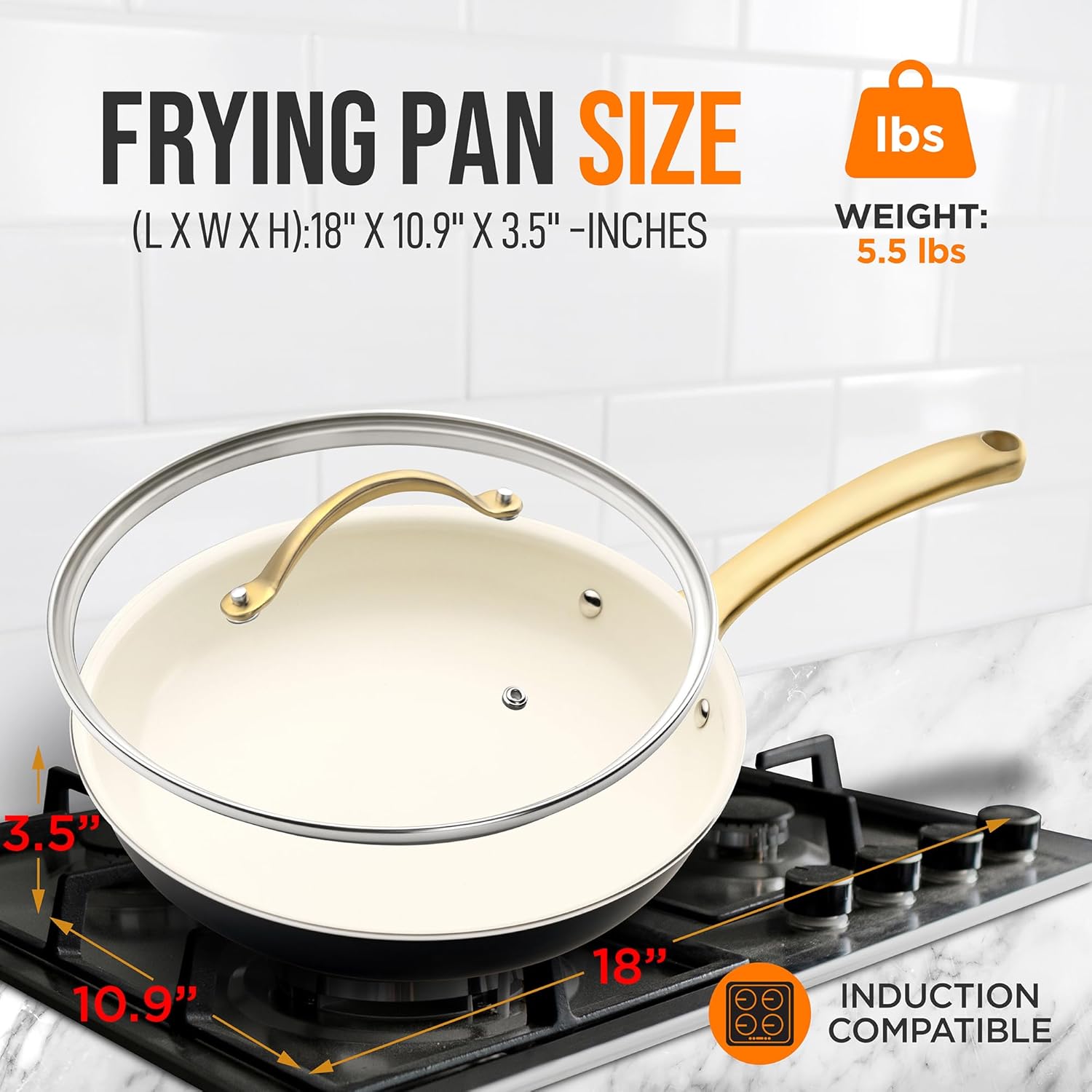 NutriChef 10-Inch Professional Ceramic Frying Pan With Lid - Medium Skillet with Golden Titanium Handle, Non-Stick Ceramic Coating, Stain-Resistant, Easy to Clean, Ideal for Home Cooking