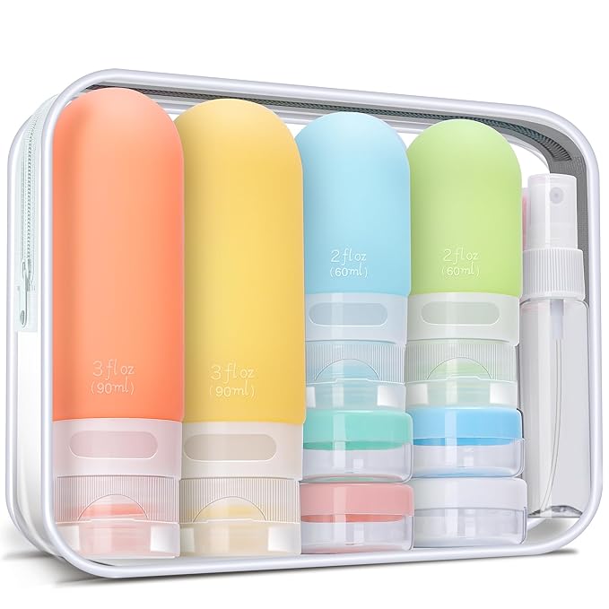 18 Pcs Travel Size Toiletries Set,Leak Proof Squeezable Silicone Bottles for Shampoo and Conditioner,TSA Approved Travel Essentials Accessories,White Pack