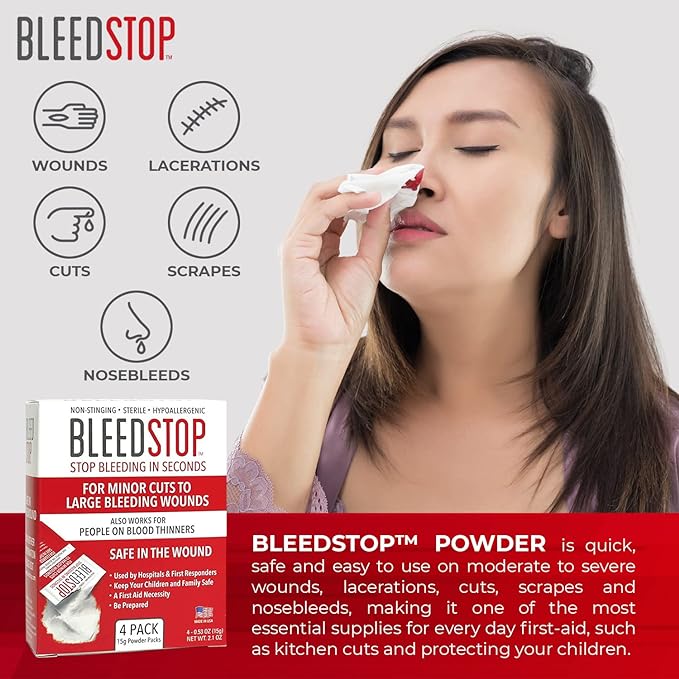 BleedStop™ First Aid Powder for Blood Clotting, Trauma Kit, Blood Thinner Patients, Camping Safety, and Survival Equipment for Moderate to Severe Bleeding Wounds or Nosebleeds - 4 (15g) Pouches