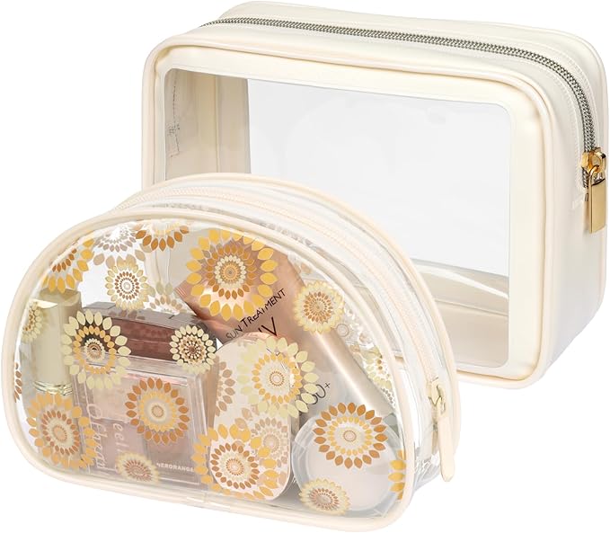 PACKISM TSA Approved Toiletry Bag - Beige Bohemian Print Clear Shell Bag and Upgrade Color-Edged Clear Makeup Bag, Perfect for On the Go or Travel, Lightweight and Robust, 2 Pack