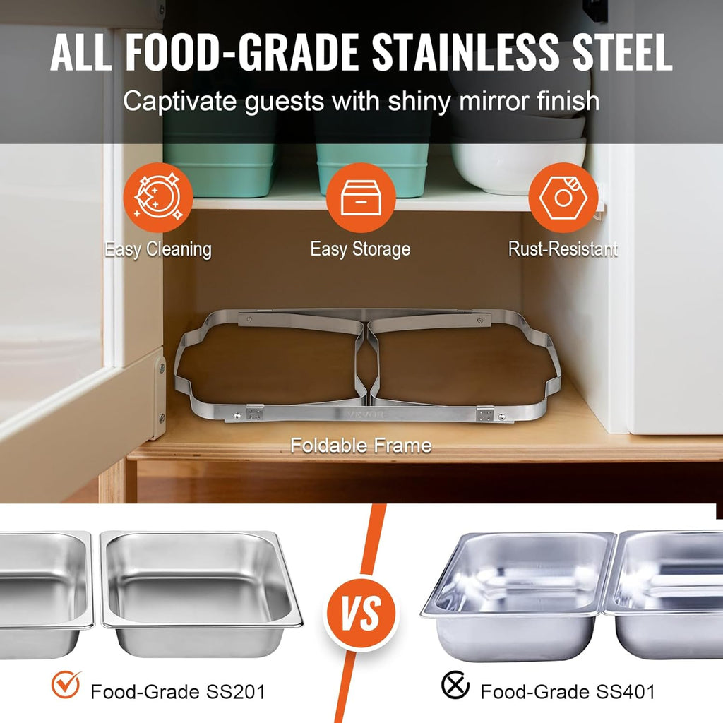 VEVOR Chafing Dish Buffet Set, 8 Qt 2 Pack, Stainless Steel Chafer with 2 Full Size Pans, Rectangle Catering Warmer Server with Glass Lid Water Pan Folding Stand Fuel Holder, for Wedding Party Banquet