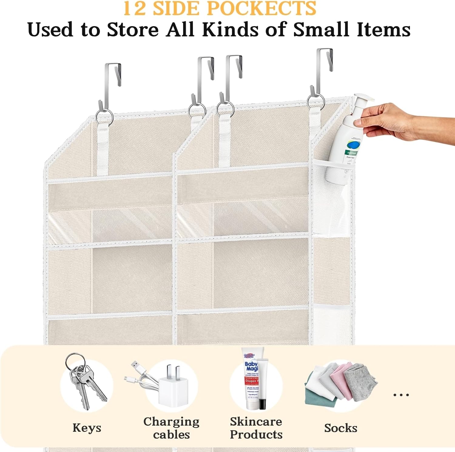 Over the Door Organizer 6 Tiers, Extra Large Behind Door Storage of 12 Compartments,80 lbs Weight Capacity Hanging Storage Organizer with Clear Window Kids Toys, Shoes, Diapers,Beige