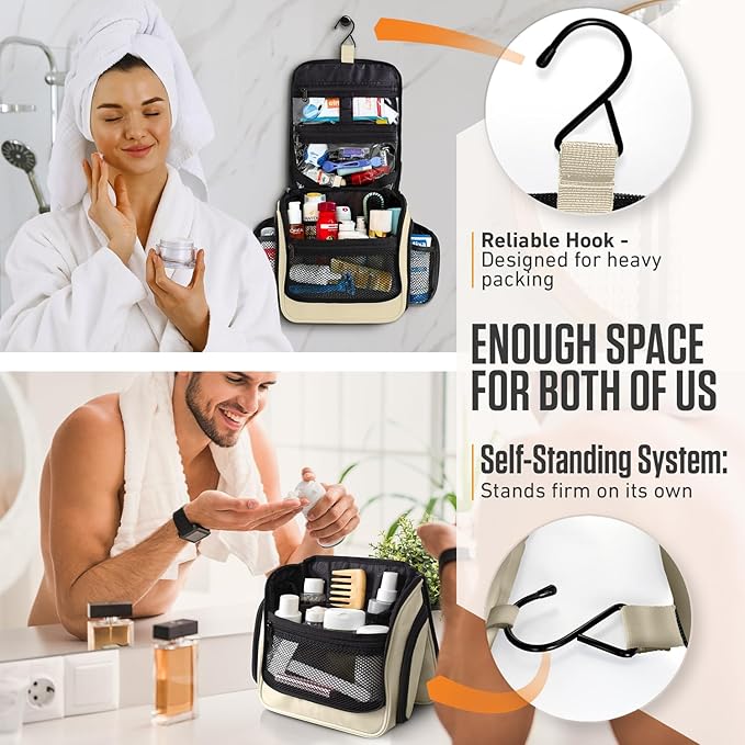 VENTURE 4TH Hanging Travel Toiletry Bag for Women & Men - Travel Organizer with Expandable Compartments & Removable Clear Pouch for Toiletries (Beige)