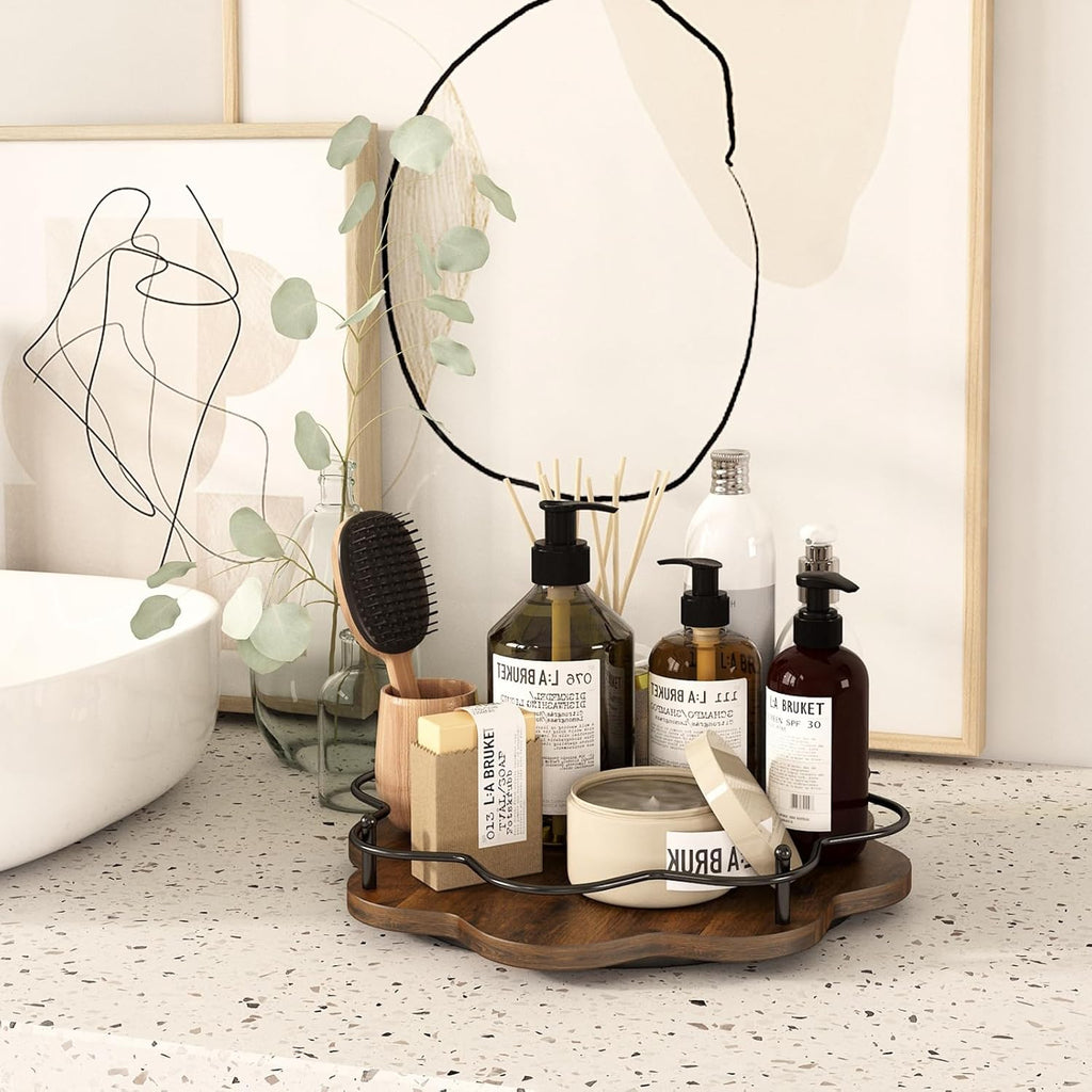 12" Lazy Susan Turntable Organizer,Round Wooden Lazy Susan Organization and Rotating Spice Rack for Dining Table,Pantry,Kitchen Countertop,Vanity,Cupboard and More.Vintage Wood(Petal Shape)