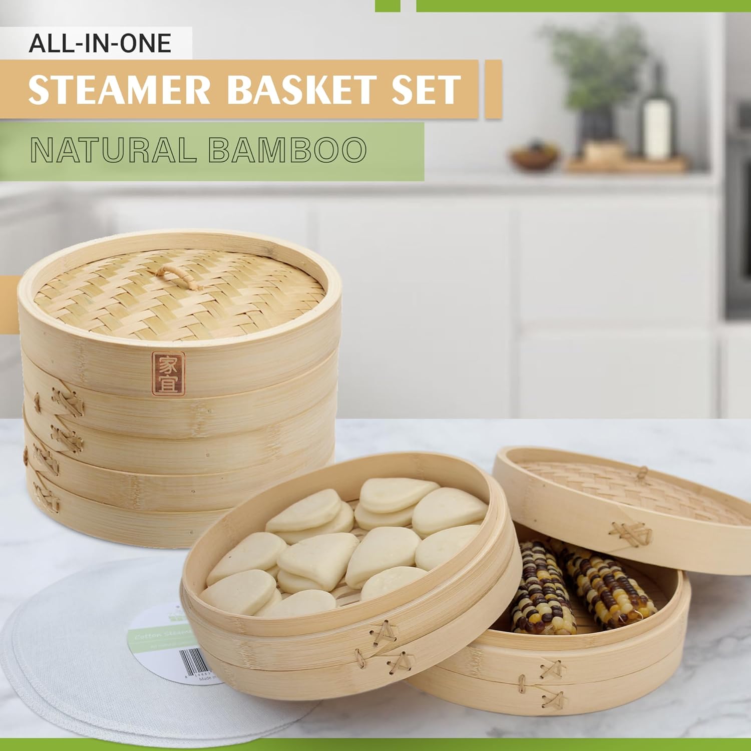 Zoie + Chloe Bamboo Steamer Basket - 2-Tier Dumpling Steamer for Cooking with 2 Reusable Cotton Liners for Bao, Dim Sum, Veggies, Asian Steamed Buns -Stackable, Space-Efficient - 8-Inch Steam Basket