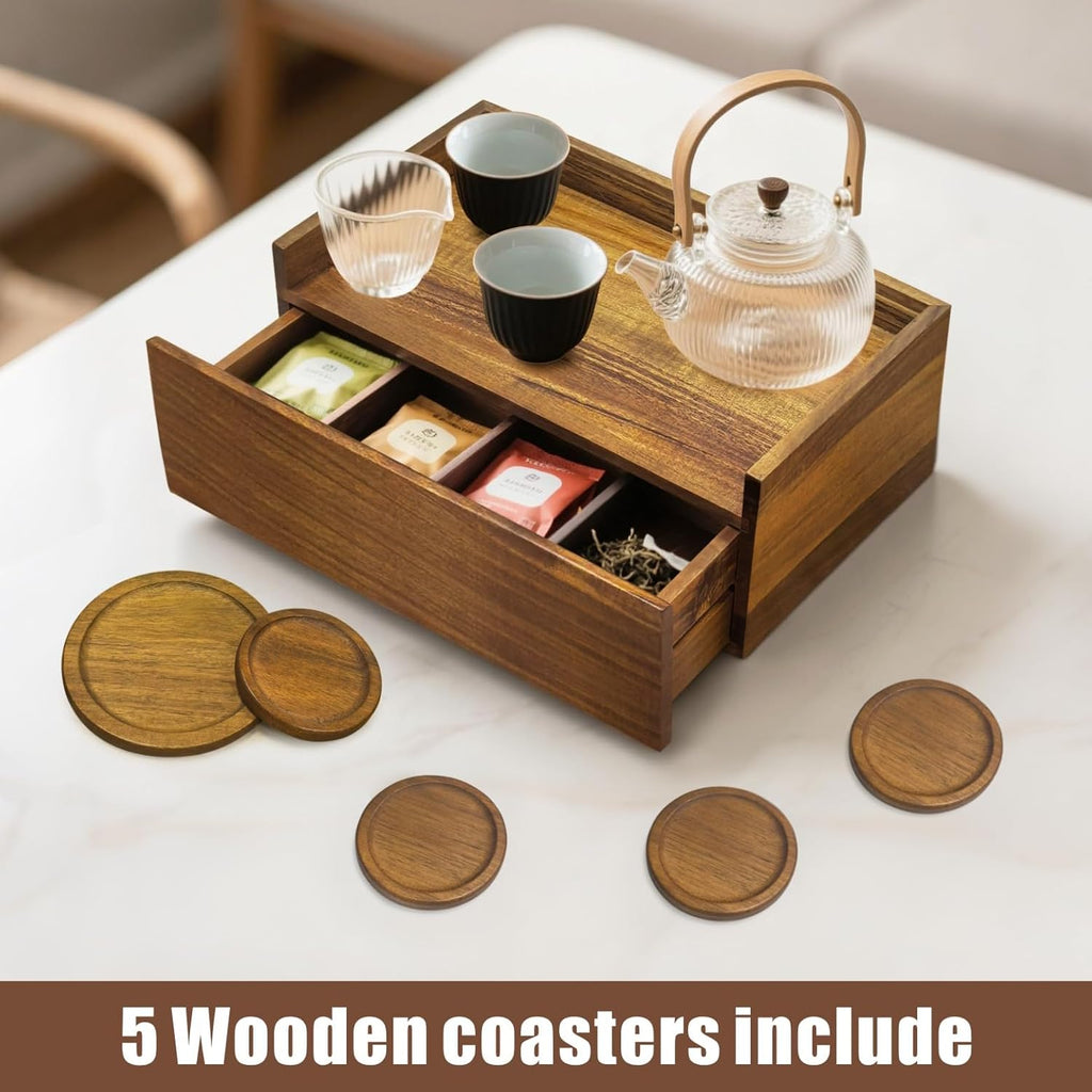 Idefair Acacia Woode Tea Box Organizer Storage Box with 5 Wooden Coasters, Tea Bags Organizer Chest Storage with Drawer, Tea Bag Box for Coffee Teabgs Countertop Display