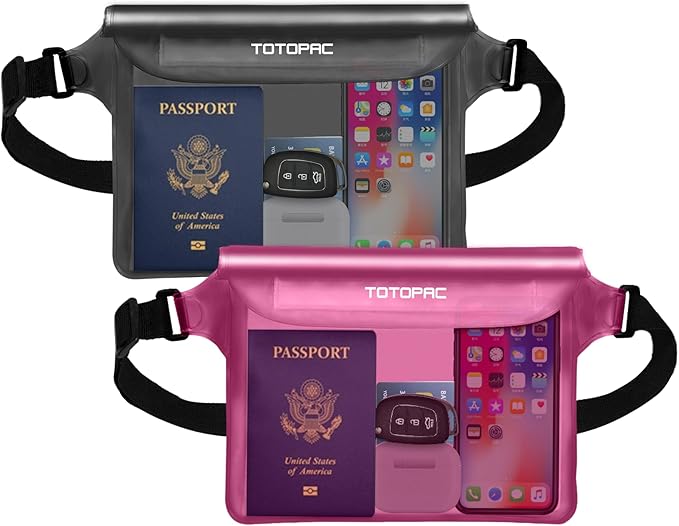 2-Pack Waterproof Fanny Pack, Phone Pouch with Waist Strap, 9x6.7 Inch Dry Bag for Phone, Cash, and Valuables – for Swimming, Kayaking, Boating, Snorkeling, and Water Sports (2, Pink + Grey)