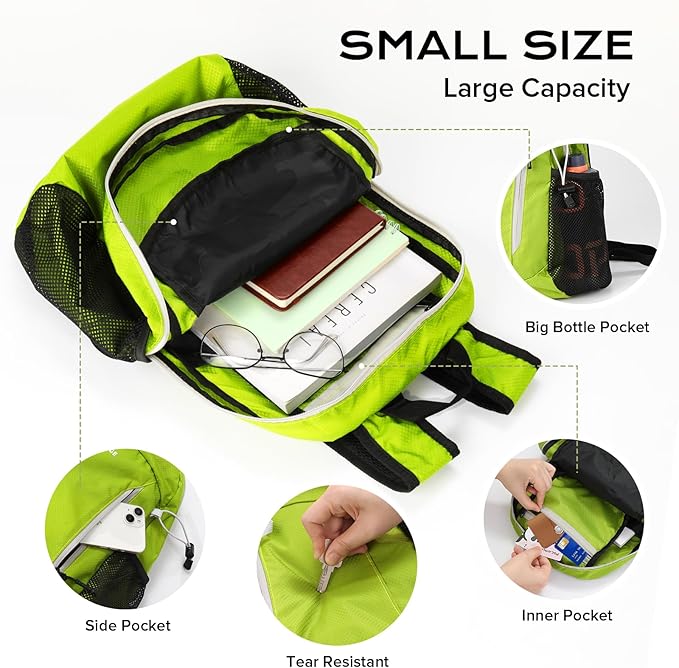 15L Water-resistant Hiking Daypack, Small Backpack Travel Outdoor, Lightweight Day Pack with Tool Loops