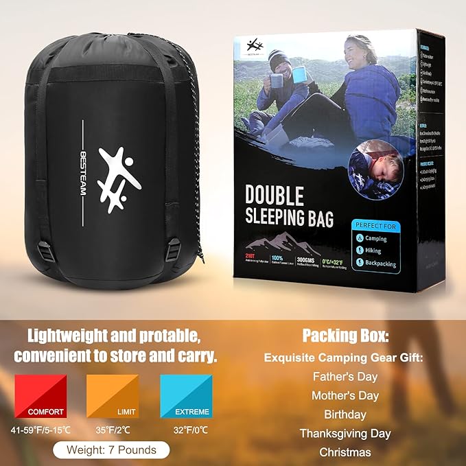 Double Sleeping Bag Flannel for Adults Kids, Queen Size for 2 Person with 2 Pillows, Warm & Cold Weather Sleeping Bag for Camping, Hiking, Waterproof Lightweight with Compression Sack