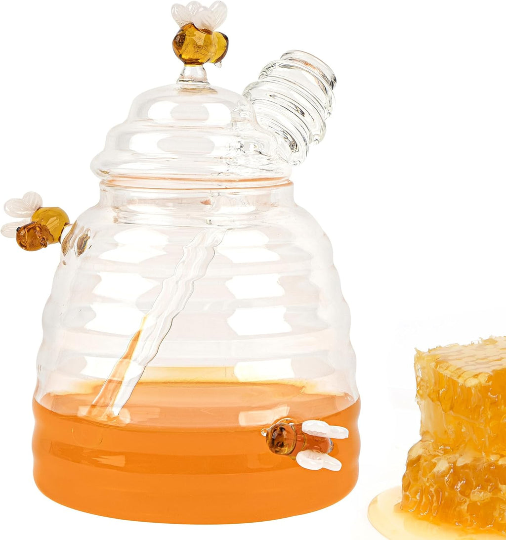 Honey Jar with Dipper and Lid Glass Honey Pot Container Dispenser, Honey Server for Tea, Bee Gift for Women, Crystal Beehive Honey Jar for Kitchen, Table Centerpieces, Tea Bar (15 oz)