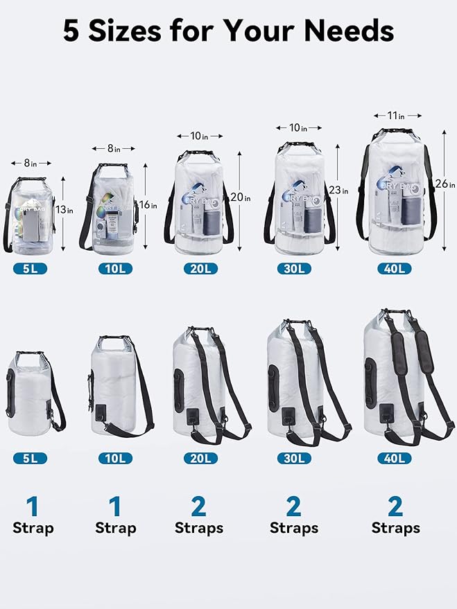 HEETA Dry Bag Waterproof for Women Men, 5L/10L/20L/30L/40L Roll Top Lightweight Dry Storage Bag Backpack with Phone Case for Travel, Swimming, Boating, Kayaking, Camping & Beach, 11 Transparent Colors