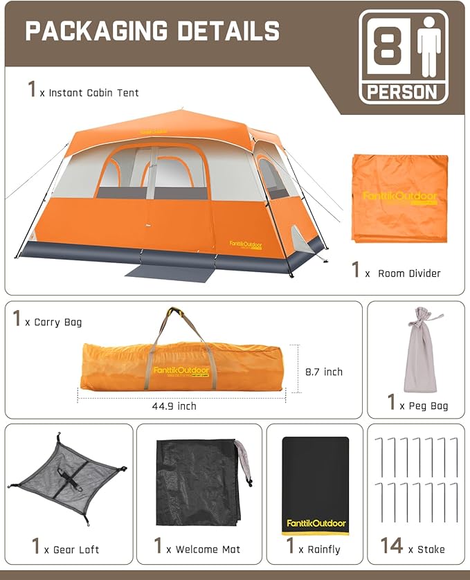 FanttikOutdoor Camping Tent 4/6/8/10 Person Instant Cabin Tent Setup in 60 Seconds with Rainfly & Windproof Portable with Carry Bag for Family Camping & Hiking