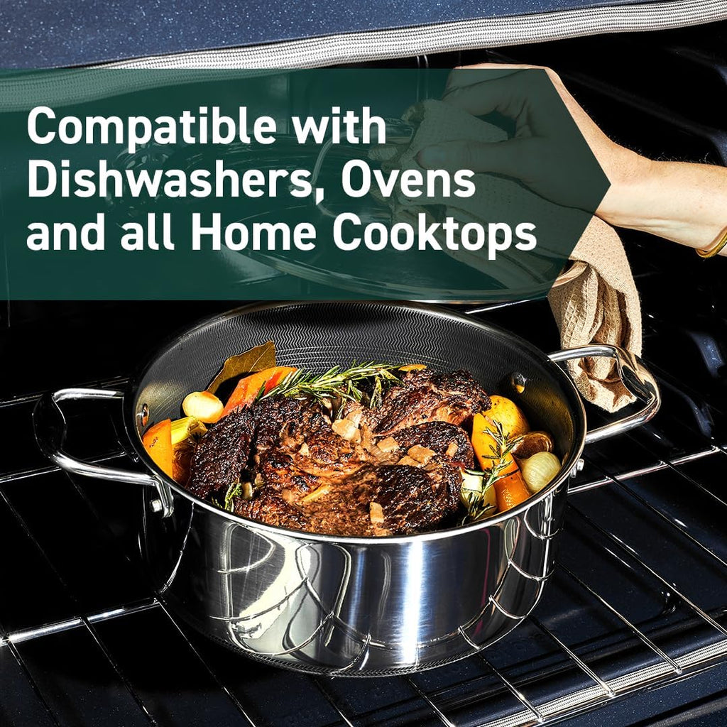HexClad Hybrid Nonstick 5-Quart Dutch Oven with Stainless Steel Lid, Stay-Cool Handles, Dishwasher-Friendly, Oven-Safe Up to 900°F, Induction Ready, Compatible with All Cooktops