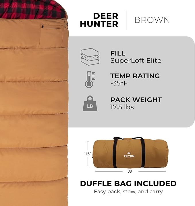 TETON Sports Deer Hunter -35F and 0F Degree Sleeping Bag. Warm and Comfortable Camping Sleeping Bags, Teton Tough Canvas Shell for Camping, Hunting, and Cold Weather