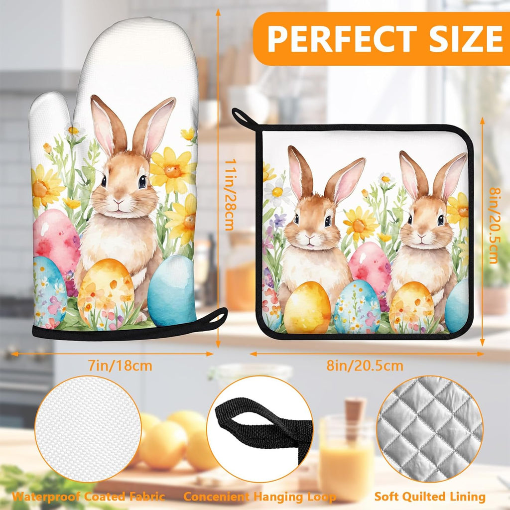 Easter Rabbits Oven Mitts and Pot Holders Sets 4Pcs,Extra Long Oven Gloves Potholder for Kitchen Cooking Baking BBQ 100% Cotton Heat Resistant