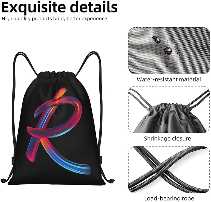 Drawstring Bags Initial Drawstring Backpack Sackpack Black Draw String Cinch Bags for Sports, Gym, Travel, Swimming, Beach, Camping, Rainbow Letter R
