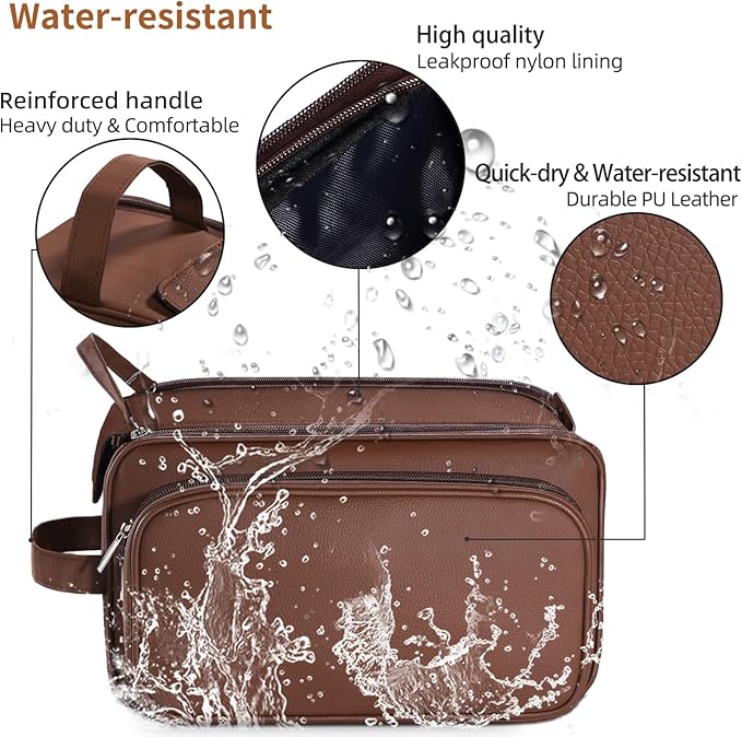 Buruis Extra Large Toiletry Bag for Men, Travel Toiletry Organizer Dopp Kit Water-resistant Shaving Bags, PU Leather Cosmetic Bathroom Shower Bag for Toiletries, Grooming, Accessories (Brown)