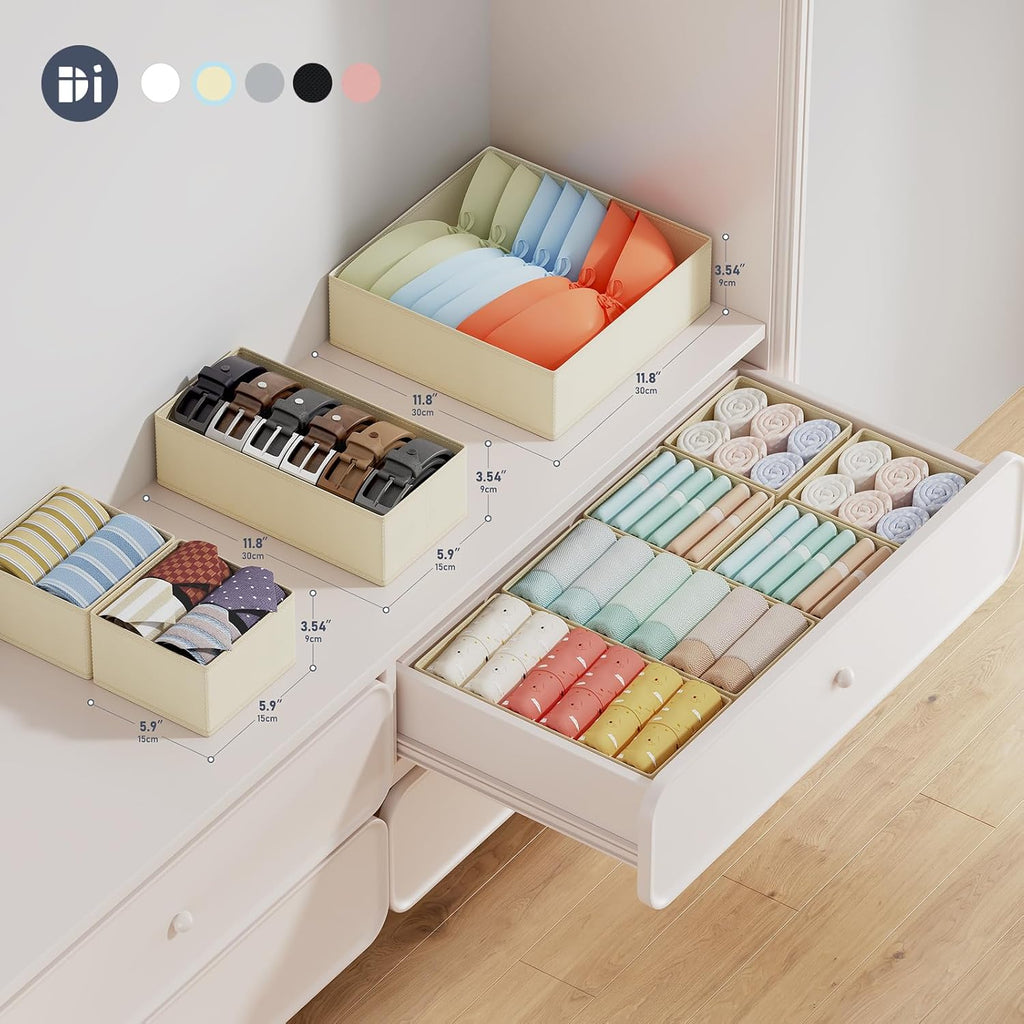 DIMJ Drawer Organizer Clothes, 18 Pack Dresser Organizer, Foldable Closet Organizers and Storage, Fabric Dresser Bins, Drawer Dividers for Nursery, Baby Clothes, Underwears, Sock (Beige)