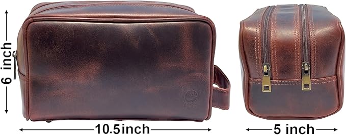 RUSTIC TOWN Leather Toiletry Bag for Men - Travel Shaving Dopp Kit - Bathroom Shower Toiletries Organizer - Leather Cosmetic Bag for Women (Walnut Brown)