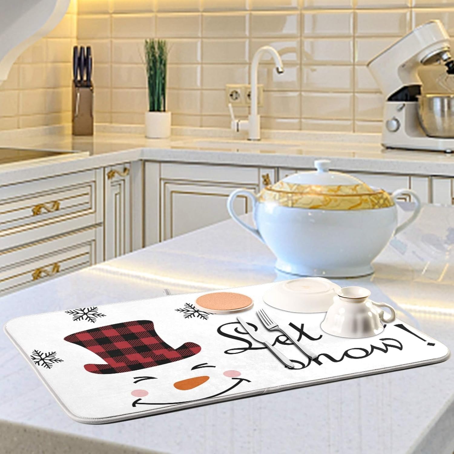 Super Absorbent Dish Drying Mat, Microfiber Fast-Drying Dish Mat, 24" x 18", Kitchen Dish Drying Pad, Watercolor Cute Christmas Winter Snowman