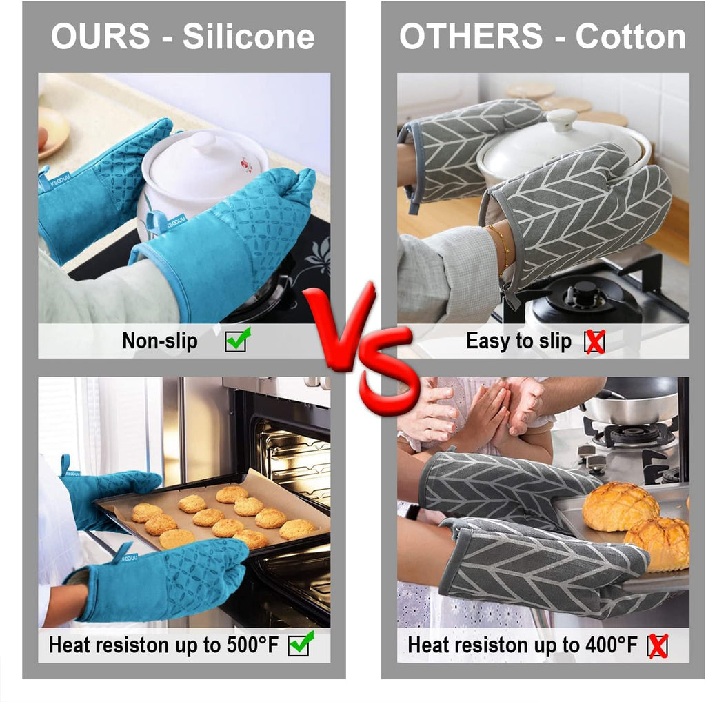 KEGOUU Oven Mitts and Pot Holders 6pcs Set, Kitchen Oven Glove High Heat Resistant 500 Degree Extra Long Oven Mitts and Potholder with Non-Slip Silicone Surface for Cooking (Sky Blue)