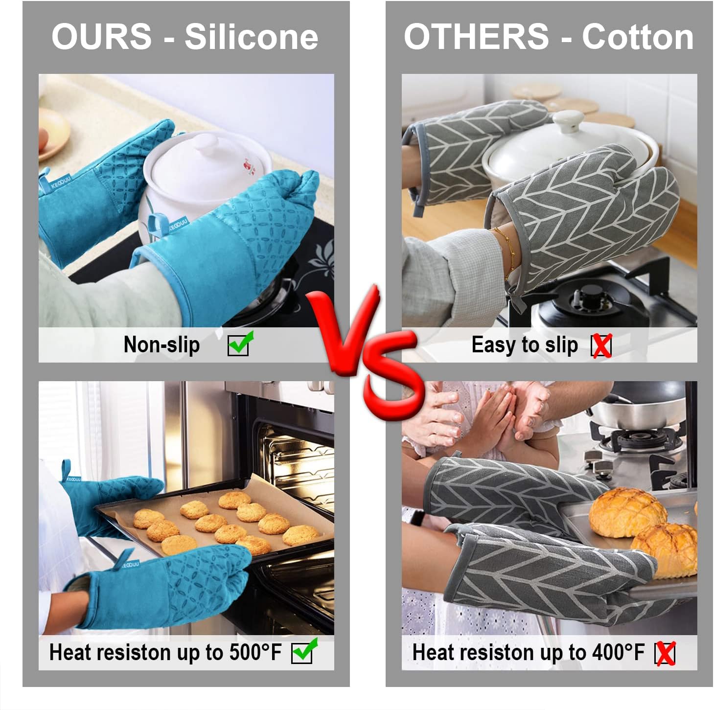 KEGOUU Oven Mitts and Pot Holders 6pcs Set, Kitchen Oven Glove High Heat Resistant 500 Degree Extra Long Oven Mitts and Potholder with Non-Slip Silicone Surface for Cooking (Sky Blue)