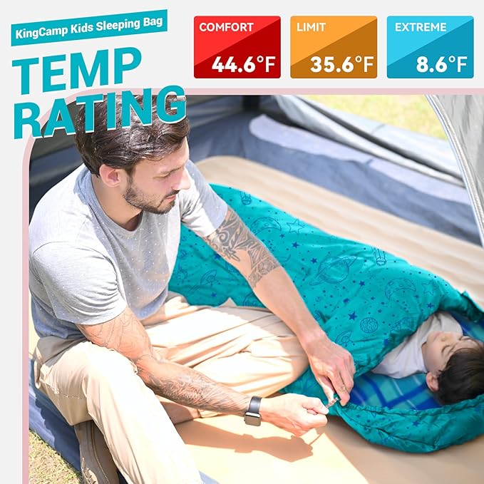 KingCamp 45°F Kids Sleeping Bag, Lightweight Waterproof & Compact Flannel Sleeping Bags Cold Weather & Warm Youth Essentials Gear Accessories for Camping, Fits 10-12 Children up to 5'5" Tall