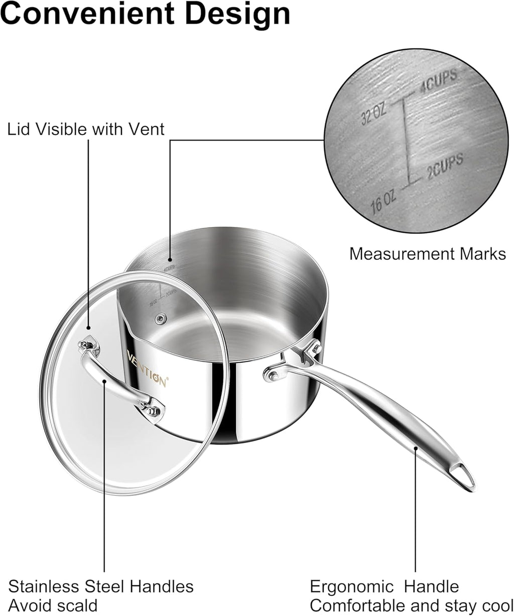 VENTION Tri-Ply Stainless Steel 1 Quart Saucepan with Lid, Bright Small Sauce Pan with Pour Spout, Small Pots for Cooking, Right Hand