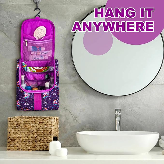 Cute Cartoon Hanging Kids Toiletry Bag Children Travel Cosmetic Makeup Organizer Wash Bag Shower bag Over Night Bag Camping Shaving Kit Bag for Boys & Girls(Unicorn)