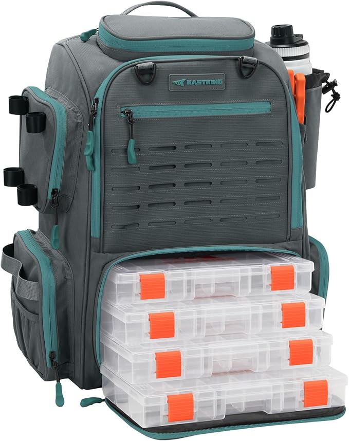 KastKing Bait Boss Fishing Tackle Backpack with Rod Holders-4 Tackle Boxes-Rain Cover,43L Large Storage for Fishing Gear