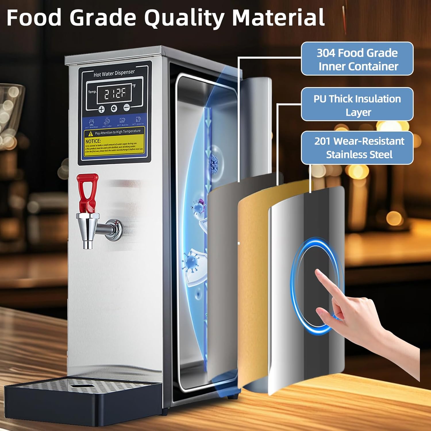 Commercial Hot Water Dispenser Stainless Steel Commercial Water Boiler 1600W Quick Heating 6.6 Gallons/Hour Output Commercial Water Machine for Office, Café, Tea, Catering