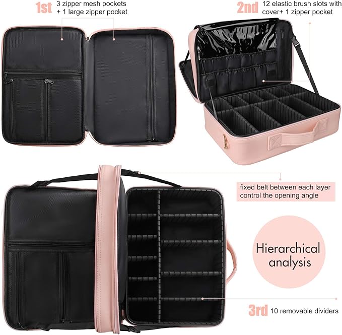 Relavel Travel Makeup Train Case Makeup Cosmetic Case Organizer Portable Artist Storage Bag with Adjustable Dividers for Cosmetics Makeup Brushes Toiletry Jewelry Digital Accessories