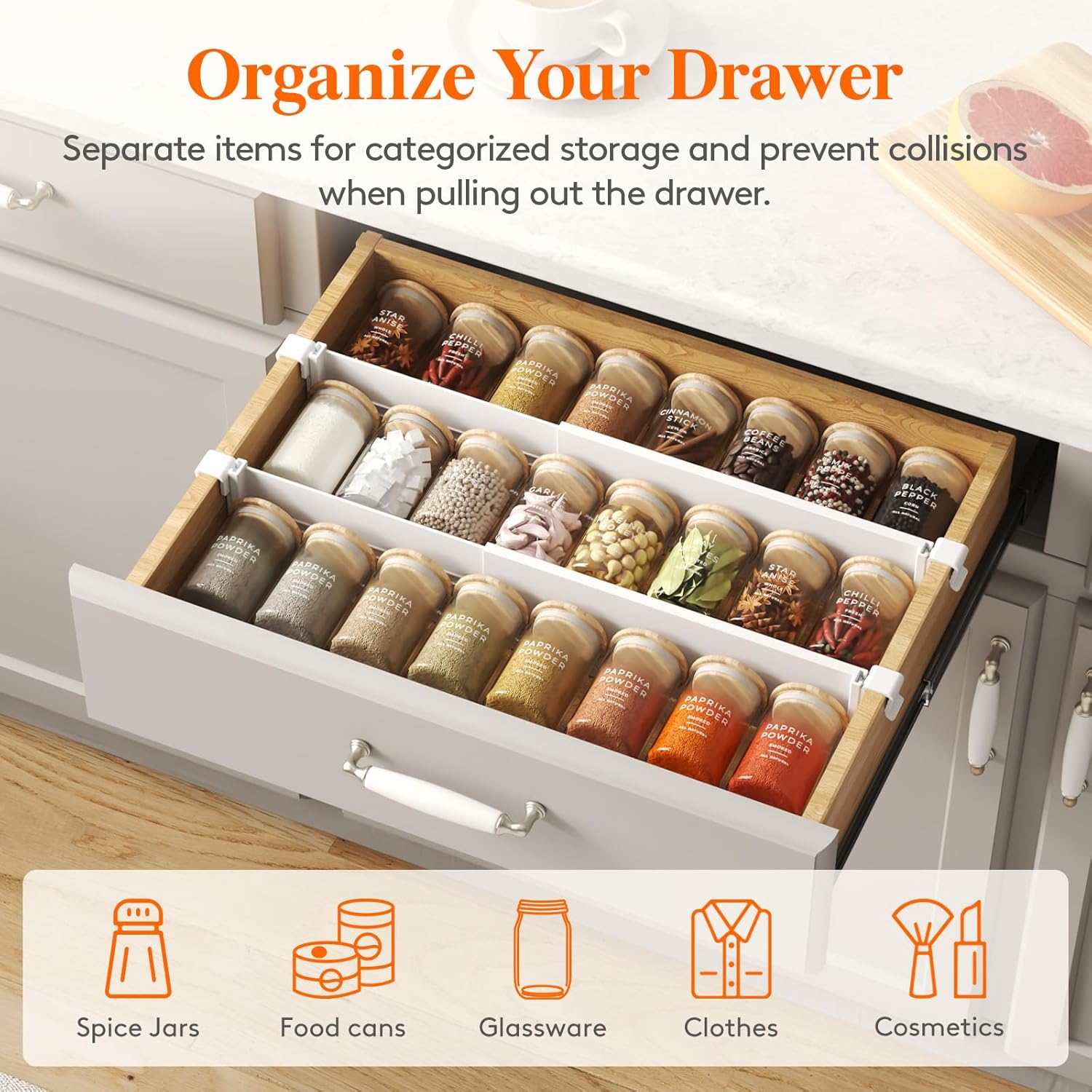 Lifewit Hanging Kitchen Drawer Dividers 3.1" High, 10-17" Adjustable Drawer Organizers for Utensils, Expandable Dresser Separators in Kitchen/Bedroom/Bathroom/Vanity/Office, White(8 Pack)