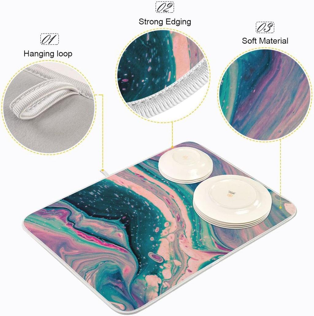 Super Absorbent Dish Drying Mat, Microfiber Fast-Drying Dish Mat, 24" x 18", Kitchen Dish Drying Pad, Marble Pink Green