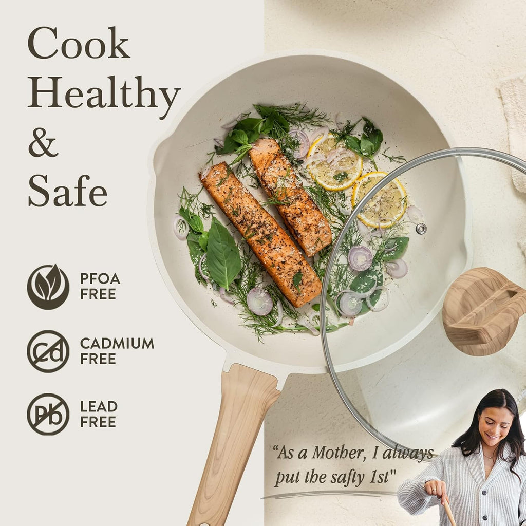 CAROTE 12Inch Nonstick Deep Frying Pan with Lid, 5.5 Qt Jumbo Cooker Saute Pan with Pour Spout, Skillet Induction Cookware, Non Stick Cooking Pan Kitchen Pan PFOA Free, White Granite