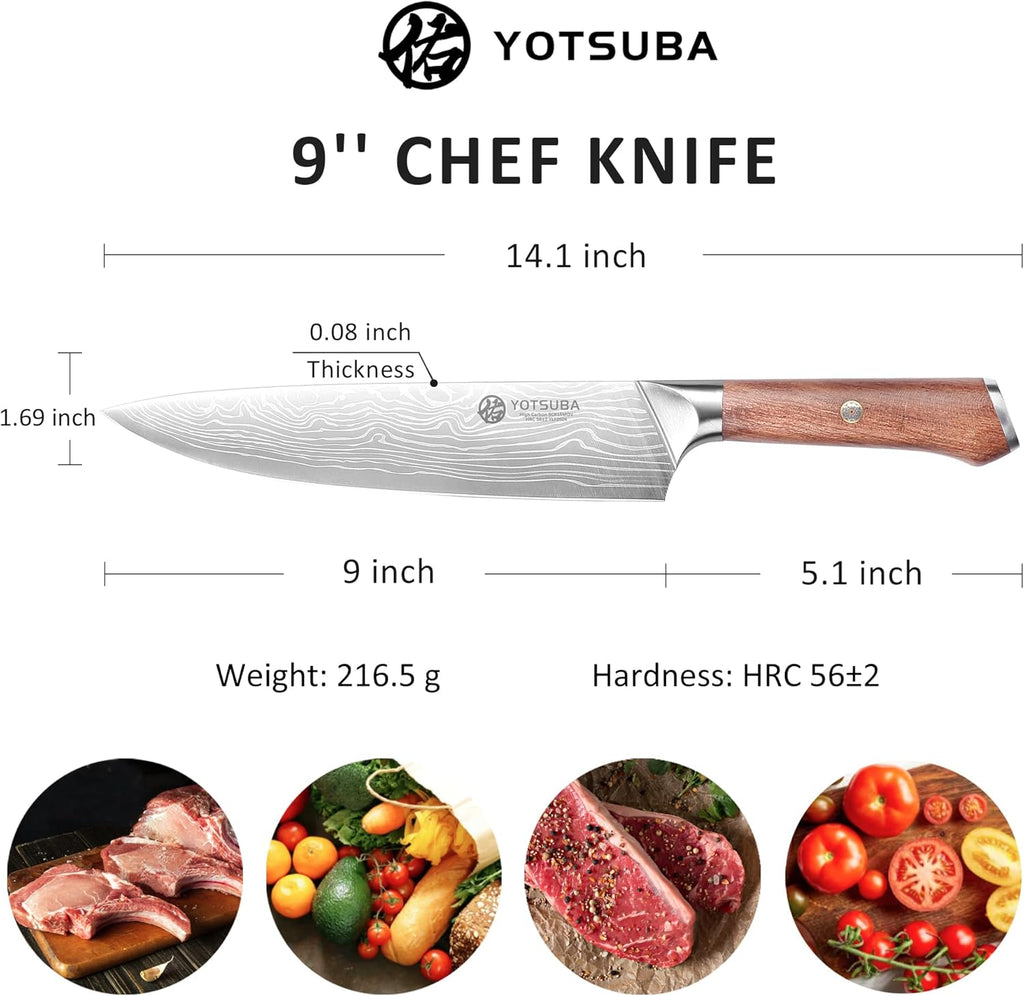 YOTSUBA Chef Knife, 9 Inch Kitchen Chef's Knife, Ultra Sharp High Carbon Steel Professional Cooking Kitchen Knife with Ergonomic Handle, Gift Box Included