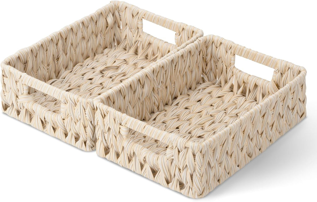 GRANNY SAYS Wicker Baskets for Organizing, Storage Basket for Shelves, Shelf Baskets with Handles, Waterproof Woven Basket for Living Room, Rectangular Baskets for Entryway, 2-Pack