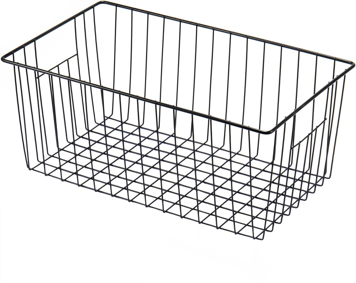 16inch Freezer Storage Organizer Baskets, Refrigerator Metal Wire Basket Bins with Handles for Kitchen, Pantry, Cabinet, Closets(Black, 3Pack)