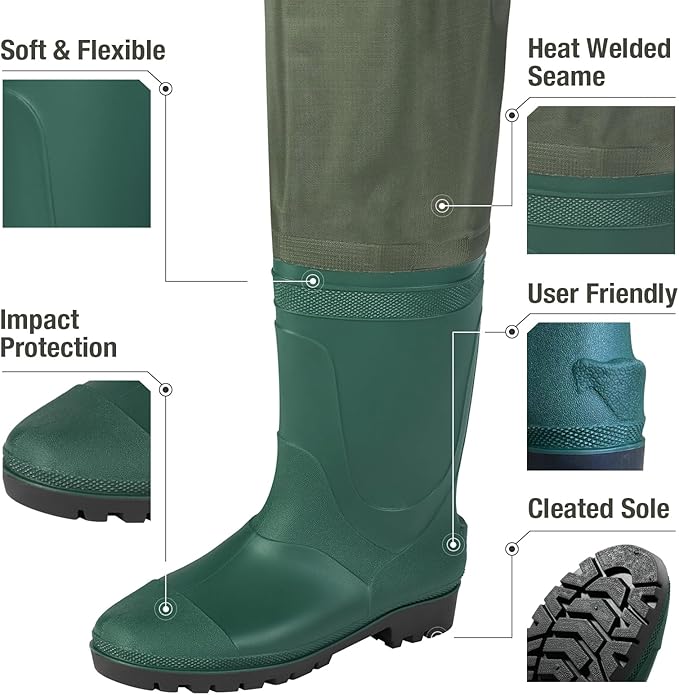 Hip Waders Waterproof Hip Boots Cleated 2-Ply Nylon/PVC Fishing Hip Wader