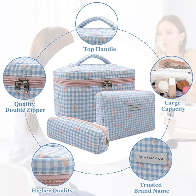 3pc Makeup Bag Set, Quilted Makeup Bag Set, Large Floral Cosmetic Bag for Women, Cute Cotton Makeup Bags, Flower Travel Toiletry Organizer Bag (Blue Plaid Bow)