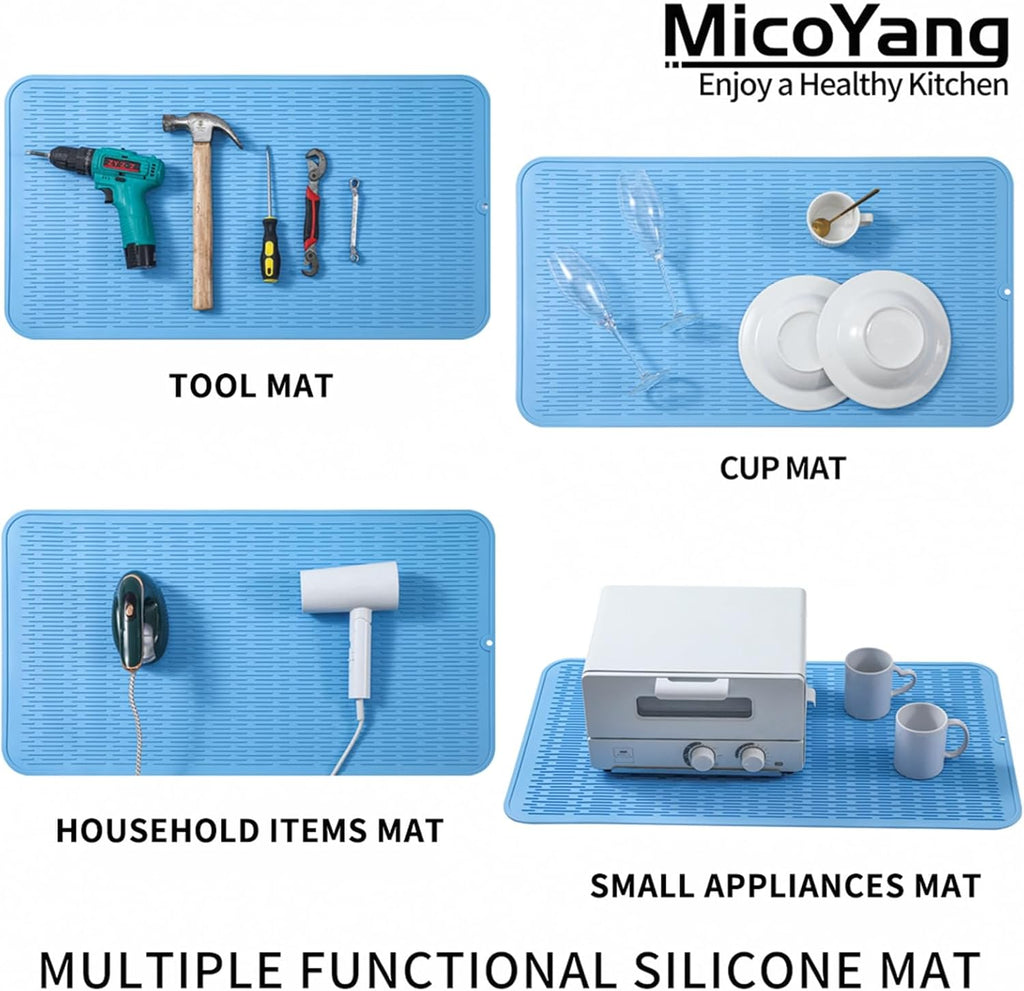 Silicone Dish Drying Mat for Multiple Usage,Easy clean,Eco-friendly,Heat-resistant Silicone Mat for Kitchen Counter or Sink,Refrigerator or Drawer Liner Light Blue 3XL 28 inches x 18 inches